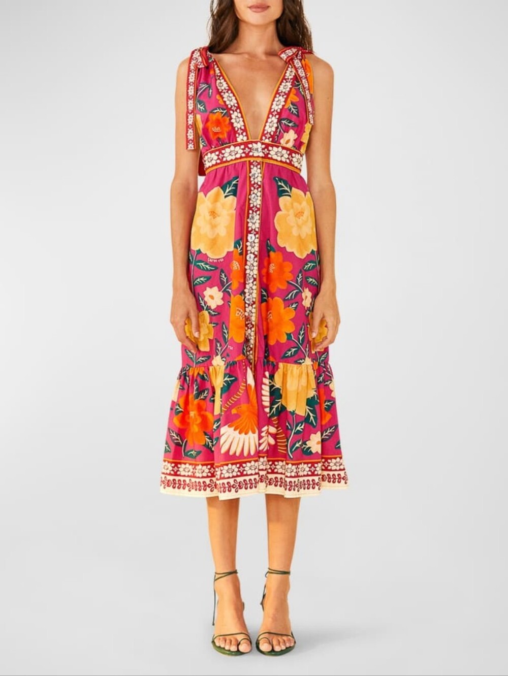 FARM Rio Pink Floral Midi Dress with Yellow & Orange Blooms - size 00-0